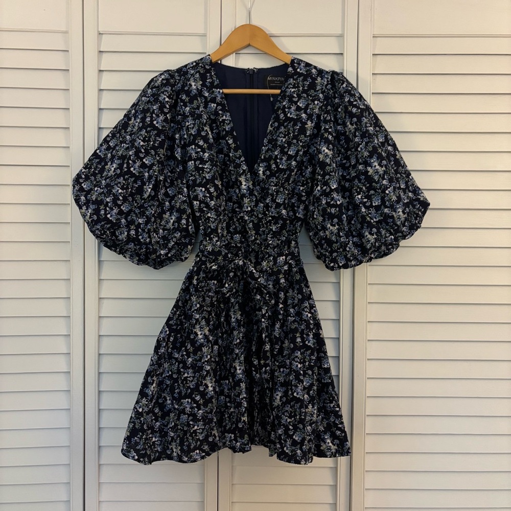 MINKPINK Navy Puff Sleeve Faux Wrap Floral Dress